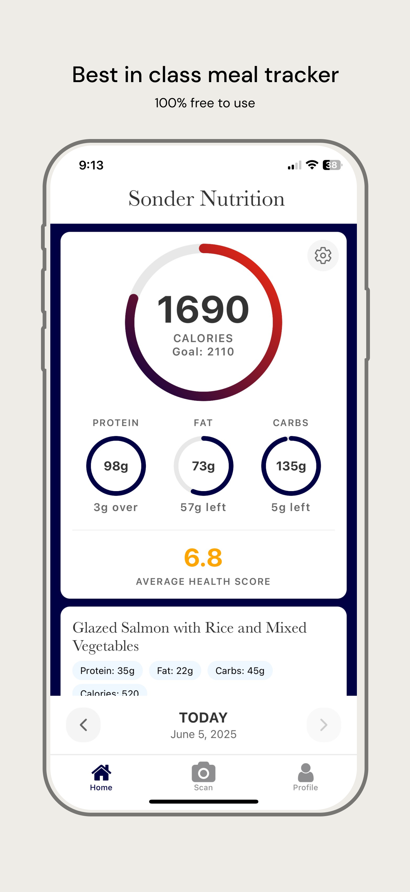 Sonder app interface showing nutrition dashboard